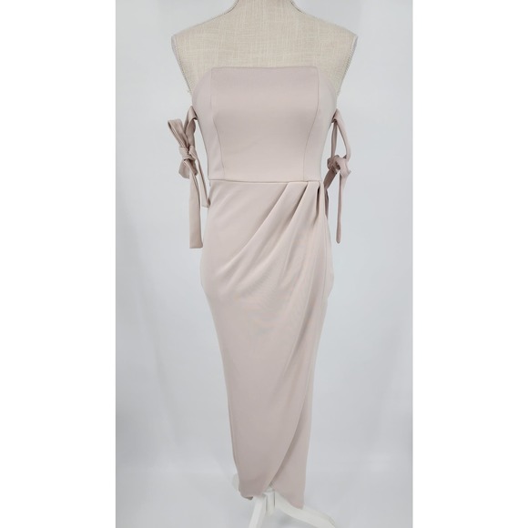 Showpo Common Muse Maxi Dress 0 Tulip Slit Strapless Ties Formal Stone Beige - Picture 4 of 15